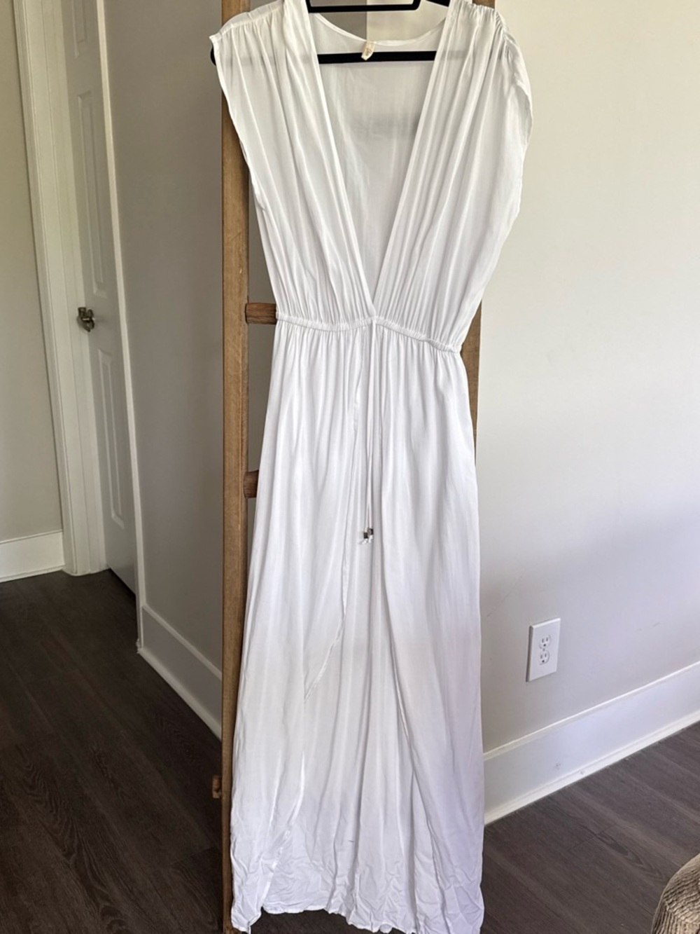 Elan White V-Neck Maxi Dress with Drawstring Waist